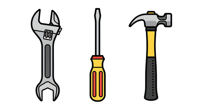 Hand tools set including adjustable wrench, screwdriver, and hammer vector illustration on white background