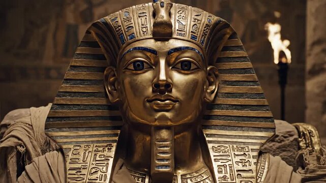Close up view of the golden pharaoh mask of Tutankhamun
