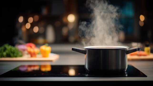 Steaming pot on a modern induction stove in a cozy kitchen interior. Fresh ingredients on background, concept of home cooking, healthy meal preparation