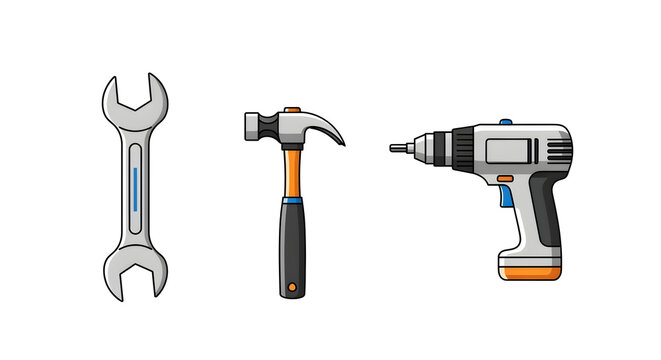 Set of hand tools including wrench, hammer, and cordless power drill for DIY repair
