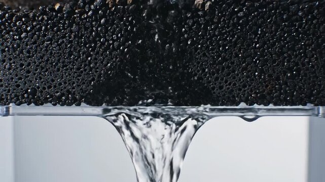 Water filtration process through active carbon granules layer close up view