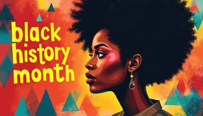 Portrait of Black woman with large afro hairstyle. Text says black history month. Colorful background with geometric shapes. Celebrate heritage and culture, empowerment and pride.