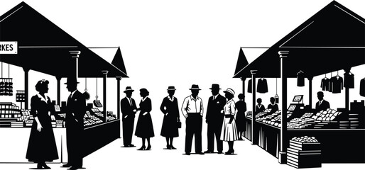 Vintage street market scene with people shopping, outdoor marketplace with stalls and figures in classic attire, retro black and white vector illustration, © MstBeauti