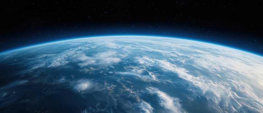 Panoramic horizontal banner of planet Earth from space with visible clouds