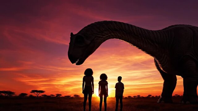 Gigantic dinosaur gently interacting with children at sunset