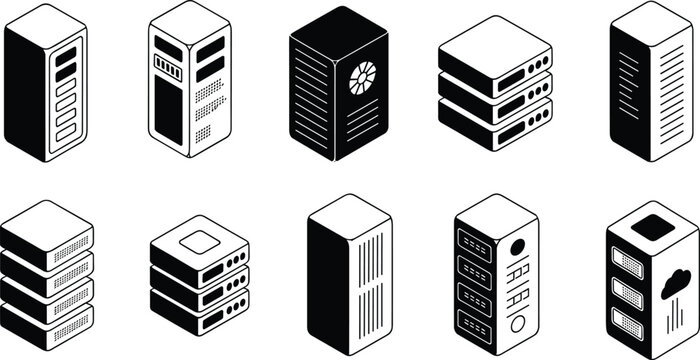 Hand-drawn isometric server and data storage icons, network towers, stacked racks, cloud computing devices, cooling fan units, IT infrastructure technology illustration concept