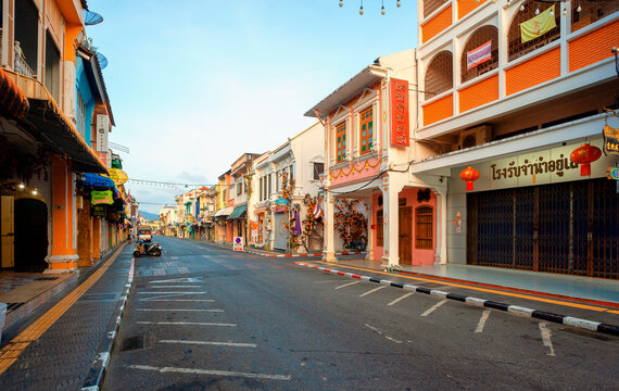 Phuket, Thailand - January 10, 2026: Old buildings Chino Portuguese style in Phuket, Thailand. Old town area is a very famous tourist destination of Phuket. Early morning on the streets.