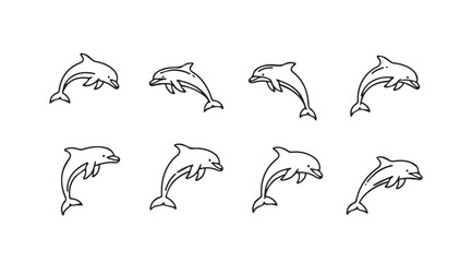 Obraz premium Dolphin Icon Set, Minimalist Line Art, Aquatic Animal Illustrations, Vector Graphics