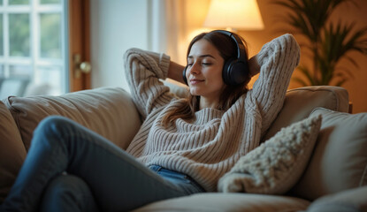 Fototapeta na wymiar Young woman sits relaxed on the sofa in her home while listening to music using headphones.