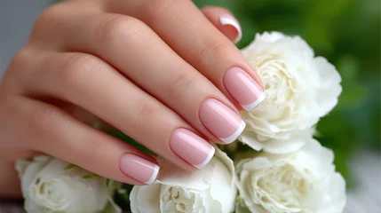 Wandcirkels Nagelstudio Elegant bridal French manicure on square nails with soft pink base and white tips, close up on female hand with flowers. Wedding beauty, nail design and salon service concept  © Mariia