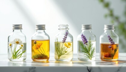 Glass bottles with herbal extracts and flowers. Organic ingredients infused in oil and water. Clean beauty products for skincare and wellness.