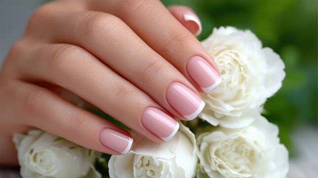 Elegant bridal French manicure on square nails with soft pink base and white tips, close up on female hand with flowers. Wedding beauty, nail design and salon service concept