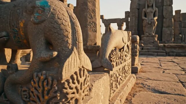 Detailed stone carvings of animals and mythical creatures outdoors