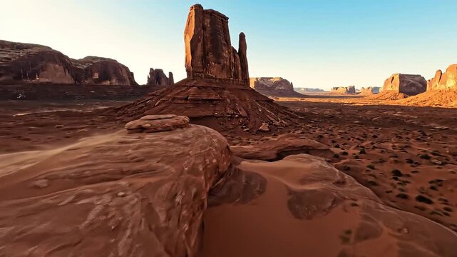 Dramatic landscape of sandstone formations under a clear blue sky