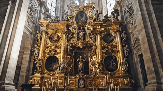 Ornate Baroque church interior with golden altar and sunlit nave