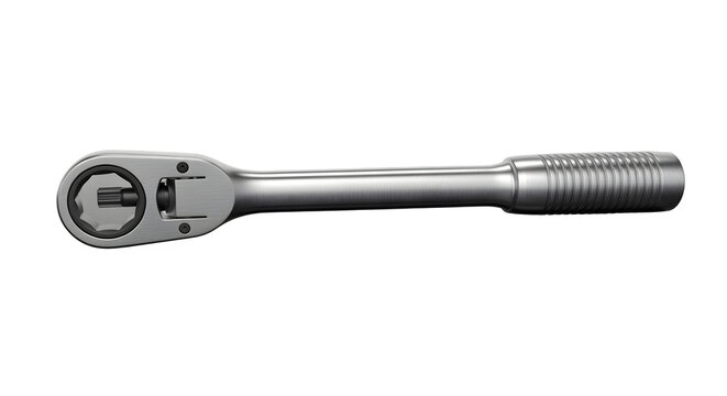 Chrome socket ratchet wrench hand tool isolated on a solid white background