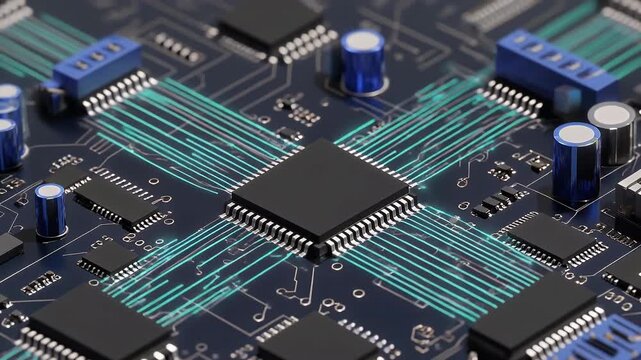 A close-up, high-detail visualization of a complex printed circuit board with glowing data pathways and microchips.