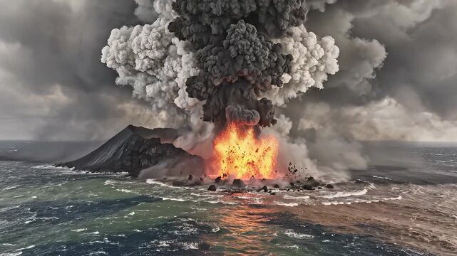 Dramatic Volcanic Eruption Spewing Ash Clouds and Lava into the Ocean Under a Stormy Sky