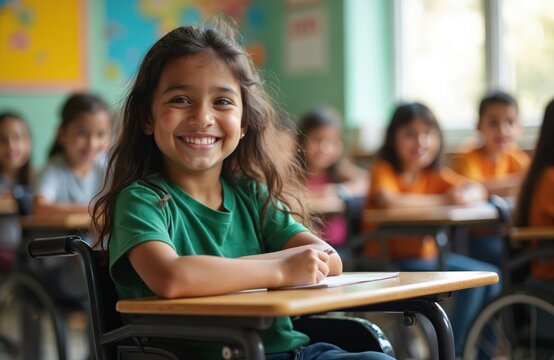Young hispanic girl in wheelchair smiles brightly while learning in classroom. Diverse students study together at desks. Inclusive education promotes happiness and development in school.