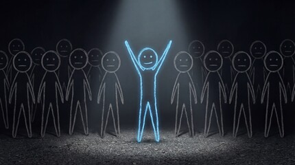 One glowing blue figure stands out from a crowd of sad, gray stick figures under a spotlight