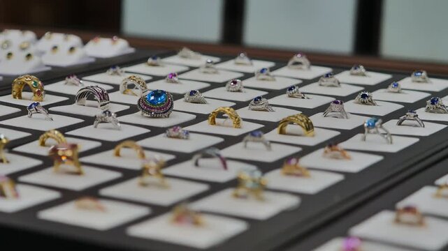 Luxury ring jewelry display with gemstone ring collection in showcase, gold silver diamond sapphire emerald ruby rings arranged in grid, retail boutique elegance concept
