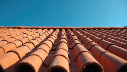 Red clay roof tiles form an ordered pattern against a bright blue sky. Natural building material covers rooftop, providing shelter. Sunlit house top detail.