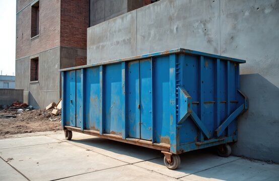 Blue metal roll-off dumpster sits on concrete near building construction. Large open waste container collects debris at site. Industrial garbage bin, rubbish removal equipment.