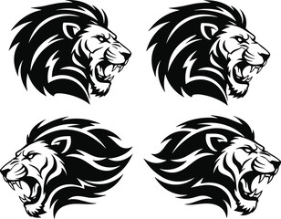Stylized black and white vector illustration of lion head profiles in grid arrangement, bold mane lines symbolizing strength and aggression © Hafeza