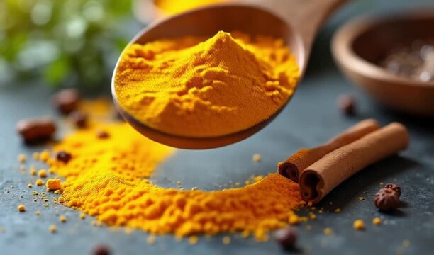 A vivid turmeric pour spills from a wooden spoon onto a textured surface, cinnamon sticks beside, scattered spices and fresh greens create warm, aromatic contrast. 4K HD