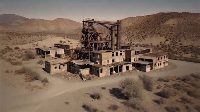 Abandoned desert mine headframe and wooden structures under a hazy sky.