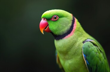 Close-up profile of a vibrant green rose ringed parrot. Bird has bright pink beak and distinctive neck ring. It sits on a dark background. Its eye is alert and focused.