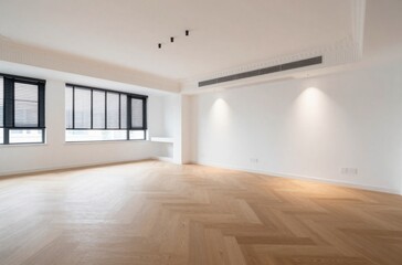 Obraz premium Bright Empty Room with Windows, Wooden Herringbone Floor, and White Walls, Ideal for Interior Design Mockups