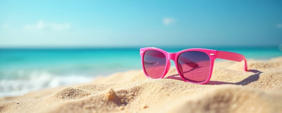 Pink sunglasses on sandy beach next to blue ocean water. Bright sunny day, clear sky suggests fun summer vacation, beach holiday, travel, and seaside relaxation. Accessory for sun protection.