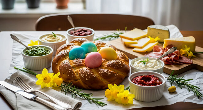 Traditional Easter bread with colorful eggs and festive dishes.