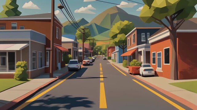 Low Poly Street Scene with Mountain Backdrop and Power Lines