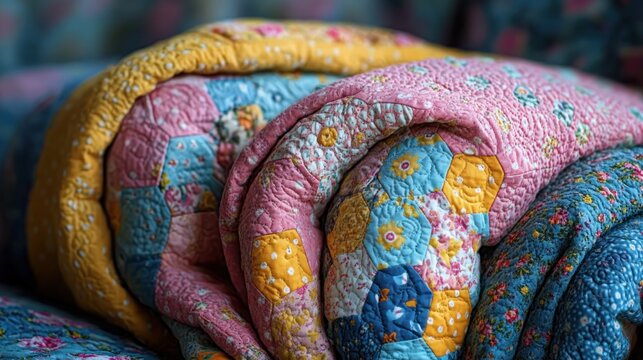 Colorful quilt showcases vibrant patterns and cozy textures in a warm indoor setting
