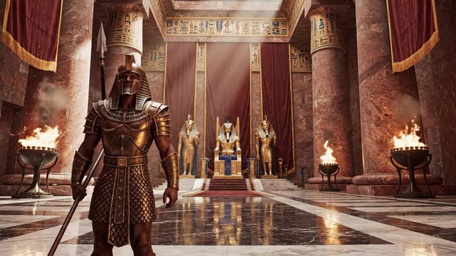 Elite guard stands before the pharaohs golden throne in Egypt