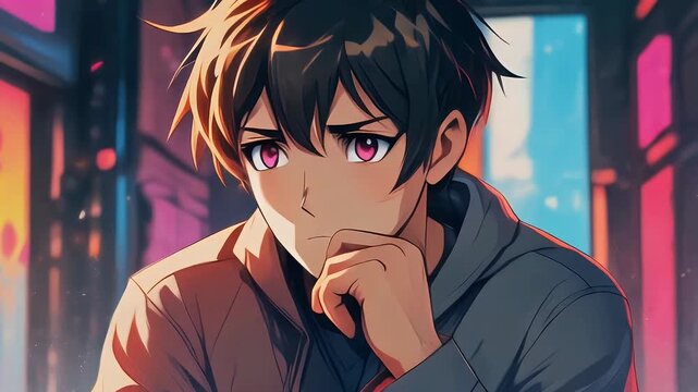 Pensive anime boy with vibrant magenta eyes in a dimly lit, colorful setting.