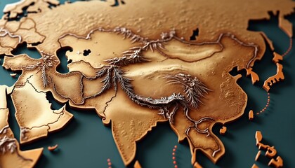 Golden map shows relief of Central Asia with Himalayas mountains. Textured antique geography design for travel or history projects. Detailed elevation and topographic data. © Maryna
