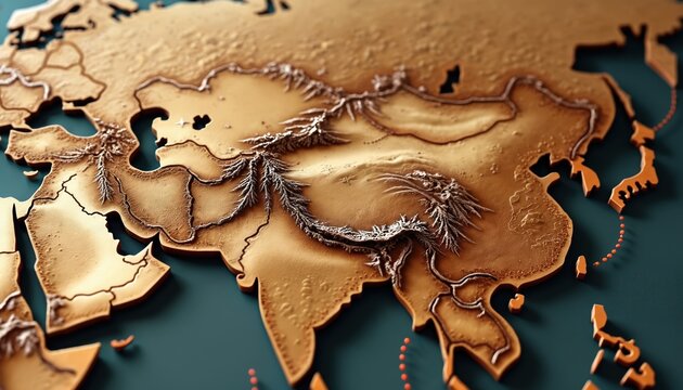 Golden map shows relief of Central Asia with Himalayas mountains. Textured antique geography design for travel or history projects. Detailed elevation and topographic data.
