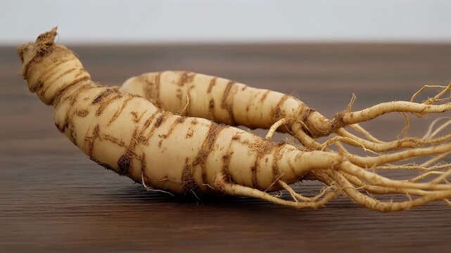 Two whole ginseng roots with fine rootlets displayed on a dark wooden surface