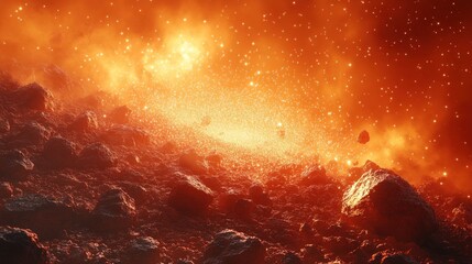 Cosmic dance of glowing particles and meteoric rocks in a fiery orange landscape at twilight