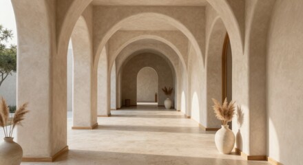Obraz premium Elegant Mediterranean Style Architecture with Arches, Neutral Colors, and Natural Light for Interior Design Concepts