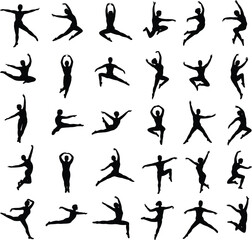 Ballet dancer silhouettes collection with graceful jumping poses classical dance black vector illustration isolated on white background © Hey There