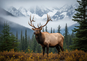 Fototapeta premium A majestic bull elk stands in a meadow with autumn foliage, surrounded by pine trees and snow-capped mountains in the background
