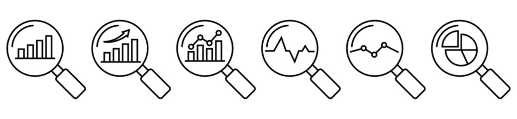 Business Analytics Search Icon Set with Magnifying Glass and Charts