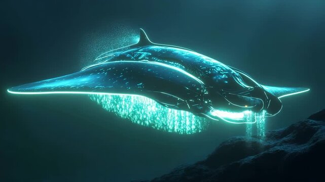 Glowing stingray shaped submarine purifying the ocean floor while exploring deep marine environments