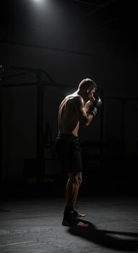 Boxer training in darkness silhouette athletic exercise concept