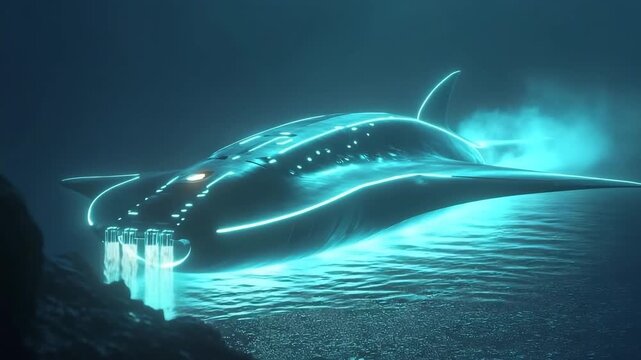 Glowing stingray shaped submarine purifying the ocean floor while exploring deep marine environments