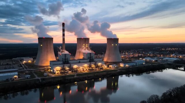 Aerial view of a power plant at dusk. Steam rises, reflects in the water, city lights glow